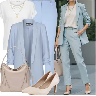 Business Outfits Büro Sommer mit Hellblau/Fliederfarben Hose mit Schlitz/Stoffhose/Sport mittellange Hose/Boyfriend Hose/Schlupfhose/7/8 Hose/Gerade Hose Tom Tailor "Eleganter Look"Look: Classic, Festlich, Uni, Büro, Business, Indoor, Mit Transparent, Egirl, Smart Casual, Schick, Workwear, Casual, 50er Jahre