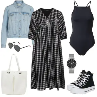 Button Down Outfit mit Schwarz/Grün BaumwollKleid/Übergroßes Kleid/Flanell Kleid/HemdKleid/Gesmoktes Kleid BRUUNS BAZAAR "Stylisher Alltagslook"