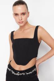 Black Corset Detailed Woven Bustier