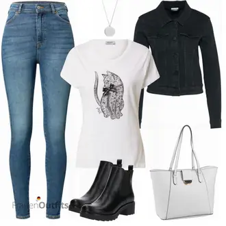 Oversize Kurz Outfit mit Schwarz Chelsea Boot/Lederjacke/Flache Stiefelette/Gummistiefelette About You "Cat Freizeitoutfit"Look: Uni, Schick, Edel, Coole, Oversize, Techno, Unisex, Wetlook