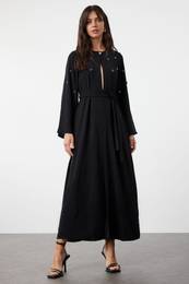 Black Belted Stone Accessory Woven Cap & Abaya & Abaya