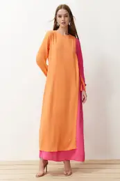 Orange Color Blocked Waist Tie Detailed Aerobin Woven Dress