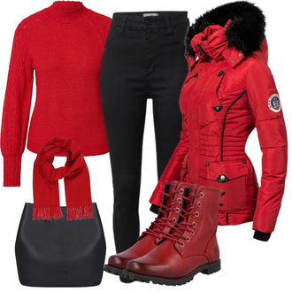 Outfit mit Rot/Dunkelrot Schnürstiefelette/Springerstiefel/Klassischer Stiefel/Biker Boot/Flache Stiefelette/Gefütterte Stiefelette/Lederjacke Dockers by Gerli "Cooles Winter Outfit"