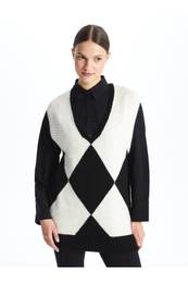 V-Neck Patterned Oversize Women's Knitwear Sweater