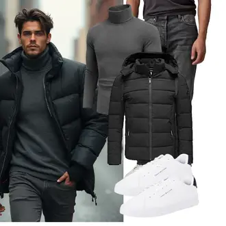 Gala Outfit mit Schwarz/Dunkelgrau Hybridjacke/Isolationsjacke/Kapuzenjacke/Thermojacke/Kunstfaserjacke/Daunenjacke/Winterjacke/Puffer Jacke Redbridge "Freizeit Outfit"Look: Bar, Wasen, Bayram, Silvester, Pop Konzert, Electro, Hütten, Gala