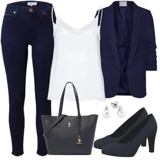 ohne Verschluss Outfit mit Dunkelblau 3/4 Bluse/Bluse Oberteil/Bluse mit Stehkragen/Bluse Mit Schleife/Business Bluse/Elegante Bluse/Lederjacke/Longbluse/Langarmbluse/Tunika Pieces "Outfit für den Frühling"