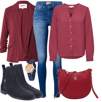Button Down Outfit mit Rosa/Rot/DunkelRot Strick Große/Bluse und Tunika/Bluse Große Größe Only "Modisches Freizeit Outfit"
