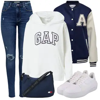 Winter Outfits mit Blau/Weiß Vintage Sneaker/Sneaker Low/Plateau-Sneaker/Skateschuh/Leder Sneaker/Schmaler Sneaker Nike Sportswear "Winterlicher Look"
