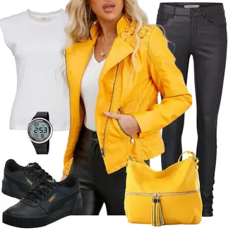 Outfit mit Gelb Crop Jacke/Jacke mit Seitlichem Reißverschluss/Frühlingsjacke/Herbstjacke/KunstLederjacke DISSA "Modischer Look für den Herbst"