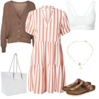 Gestreift Outfit mit Rosa/Rot Kleid Große Größe/Lässiges Kleid/Kleid mit Tasche/Nicki Kleid/Hemdkleid/Gesmoktes Kleid/Sommerkleid/Tunika Only "Streifen Alltagsoutfit"