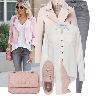 Outfit mit Grau/HellGrau Lederjacke/Damen 7/8-Länge Jeans/Ankle Boot/High Waist Jeans/Jeans mit Schlitz/Low Rise Jean/Low Waist Jean/Push up Jeans/Slim Fit Jeans/Schlupfjeans/Cuir Chaussures/男士皮夹克/Winterjacke VERO MODA "Cooler Look für den Frühling"