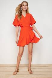 Orange Double Breasted Skirt Flounced Mini Woven Dress