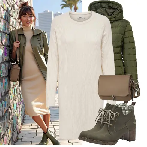 Beige/Creme/Weiß/Khaki/Braun Langes Strickkleid/Langarm Etuikleid/Pulloverkleid/Winter Strickkleid/Kaschmir-Strickjacke/Morgenmantel/Lange Strickjacken/Rundhals-Strickjacke Only kombinieren mit Dunkelgrün Schnürstiefelette/Gefütterte Stiefelette/Dirndl Schuh/Sommerstiefelette/Winter Stiefelette/Winterschuh/Vintage Stiefelette MARCO TOZZI