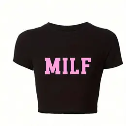 Women's Y2k-inspired Letter Print Top T-shirt - Black, Short Sleeve, Round Neck, Stretchy Polyester , Machine Washable - Ideal For