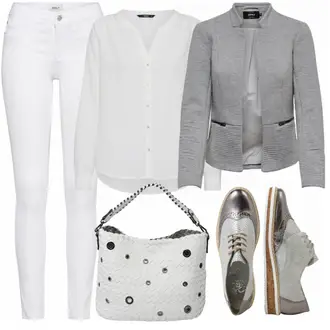 Outfit mit Weiß/Schwarz/Braun Bluse mit Lochstickerei/Bluse Oberteil/Kinderspielzeug/Schößchen­bluse/Verspielte Bluse/Volantbluse/Damen 7/8-Länge Jeans/Cropped Jeans/Schlaghose Jeans/Jeans-Culotte/Bundfaltenjeans/Formelles Hemd/Wide Leg Jean Only "Grey Mood"