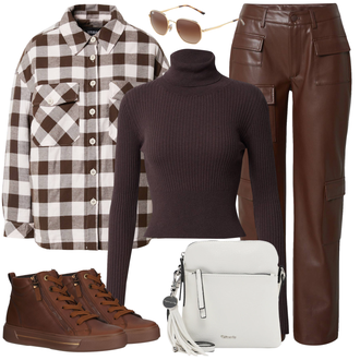 Outfit mit Dunkelbraun/Braun/Beige Mantel/Bluse und Tunika/Bluse Große Größe/Flanellhemd/Kariertes Hemd Urban Classics "Outfit für den Herbst"