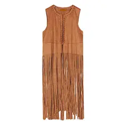 LOPILY Gefranste Weste Damen Braun Kunst Wildleder Jacke mit Lange Quaste Ärmellose Jacke Rockablliy Weste Vintage Tank Jacke Sexy Cardigan Party Weste mit Fransen Hippie Weste (Braun, 38)