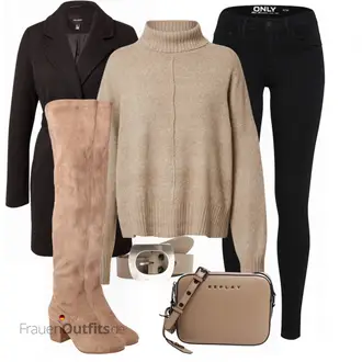 Outfit mit Braun/Beige Overknee Stiefel/Flache Overknee Stiefel/Kniehoher Stiefel/Leder Overknee Stiefel/Langer Stiefel About You "Buntes Herbst Outfit"