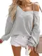 ADREAMLY Damen Off Shoulder Pullover Waffelstrick V-Ausschnitt Strickpullover Jumper Loose Fledermausärmel Pulli Langarm übergroß Winterpullover Casual Oberteile Tops(Hellgrau,M)