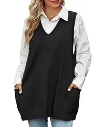 Damen Pullunder Oversize V-Ausschnitt, Stricken Weste Elegante, Strickpullover Ärmellos Lang Strickweste, Freizeit Sweater Vest Herbst Winter(Schwarz, M)