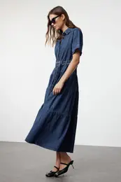 Blue Belted Stitch Detailed Maxi Denim Dress