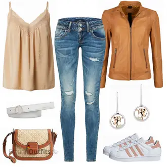Outfit mit Gelb/Braun/Beige Mantel/KunstLederjacke/Jacke mit Seitlichem Reißverschluss/Leder Bomberjacke/Lederjacke/Vintage Lederjacke Maze "Alltagsoutfit mit Details"