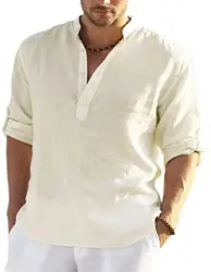 PADOLA Herren Freizeithemden Leinenhemd Herren Langarm Baumwolle Sommerhemd Einfarbiges Leinenhemd Regular Fit Henley Shirt Casual Top (3 Beige, M)