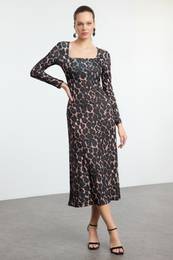Brown Leopard Printed Maxi Flounce Fitted Maxi Stretch Knit Dress