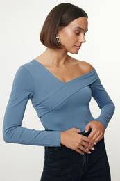 Indigo Cotton Flounce Fitted Crop Knitted Blouse