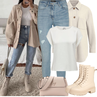 Outfit sa Bež/Kaki Gležnjača na Vezanje/Čizma s Platformom na Vezanje/Borbena Čizma/Klasična čizmica/Čizma s Platformom About You "Proljetni Outfit"