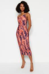 Printed Bodycon Midi One Shoulder Adjustable Strap Knitted Pencil Dress