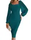 MEROKEETY Damen Lange Puffärmel Geraffte Bodycon Kleid Square Neck Mesh Cocktail Party Midi Kleider, Blaugrün/Ein Hauch von Paradies (Trace of Paradise), Mittel
