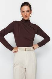 Brown Shromdn Detailn Vysok Krk Snap Snap Elastick Pleten Kombinzu