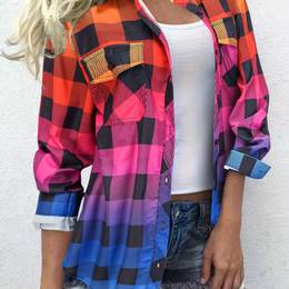 Print Button Up Shirt, Casual Gradient Color Long Sleeve Breast Pockets Shirt For Spring & Fall, Women's Clothing