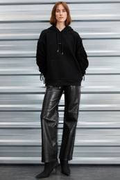 Meara Women's Hooded Tie Detail Kangaroo Pocket Needle Detail Black Sweatshirt