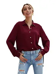 DIDK Damen Elegant Blusen Hemdbluse Casual Langarmshirt Basic Bluse Hemd Businessblusen Button Down OL Work Langarm Oberteil Bordeaux L