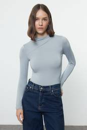 Light Blue Ruffle/Drape Detailed Stand-Up Collar Lined Knitted Bodysuit