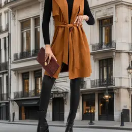 Tie Waist Open Front Lapel Vest, Elegant Sleeveless Knee Length Vest For Fall & Winter, Women's Clothing