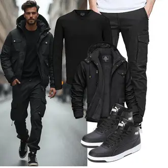 Outfit mit Schwarz/Dunkelgrau Jacke mit Seitlichem Reißverschluss/Funktionsjacke/Trekkingjacke/Wanderjacke/Merinojacke/Herbstjacke/Wolljacke/Reitjacke/Trachtenstrickjacke/Outdoorjacke/Winterjacke/Kapuzenjacke KEFITEVD "Freizeit Outfit"