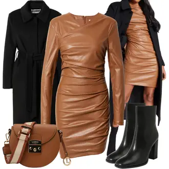 Outfit mit Braun/Grau/Beige Lederkleid katy perry exclusive for about you "Elegantes Winter Outfit"
