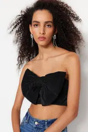 Black Crop Knitted Textured Bustier