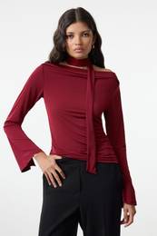 Burgundy Shawl Detailed Fitted/Fits on the Body Flexible Knitted Blouse