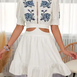 Chic Summer Floral Romper Dress With Bow Tie Detail - Polyester, Machine Washable, Women'