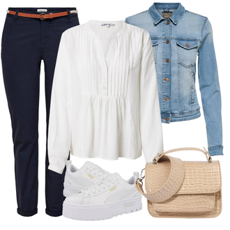 Outfit s Bílá/Krémová/Khaki Slip-on Halenka/Halenka s Dlouhým Rukávem/Kožená bunda pro muže/Halenkové Body/Sportovní Halenka/Oversize Muselínová Blůza About You "Vzhledy pro volný čas"