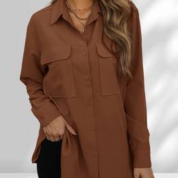 Elegant Polyester Blouse With Flap Pockets, Lapel Collar, Non-stretch Woven Fabric, Solid Color, Button Front Shirt For Spring/fall