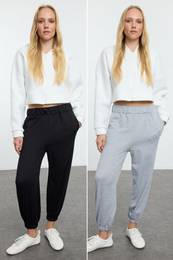 Black-Grey Melange Basic Jogger Elastic Leg Thin Knitted Sweatpants