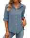 Hemdbluse Damen, Sommer Casual Fashion Locker V Ausschnitt Kurzarm Longbluse Langarm Knöpfen Musselin Oberteile Hochkrempeln Button Up Sexy Shirt Bluse Tops Hemden(Grau Blau,Medium)…