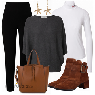 Outfit mit Schwarz/Grau/Dunkelgrau Strick Große/Klassische Tunika/Bluse Lederjacke/Oversize Bluse/Tuniken-Shirt/Shirt & Top Große Größe/Tunika/Pullover Mit Fledermausärmel/Kaschmir Pullover JdY "Modischer Look für den Herbst"