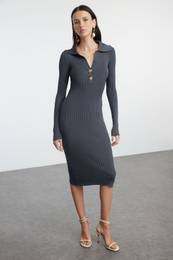 Anthracite Midi Knit Polo Neck Dress