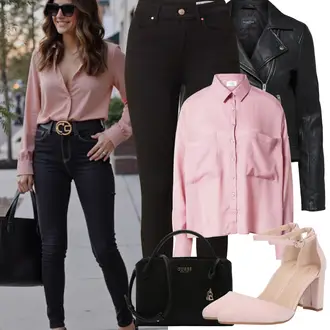 Sommer Outfits Casual, Edel mit Schwarz/Rosa/Dunkelrot Schultertasche/Businesstasche/Tragetasche/Brieftasche/Kleine Tasche/Schulranzen/Schultertasche Guess, Rosa High Heel/Sandalen Mit Blockabsatz/Bequemer Pump/Hochfrontpump/Mary Jane Schuh/Sandalen Mit Absatz/T-steg Pump About You "Frühling outfit"Look: Uni, Indoor, Classic, Edel, Coole, Disco, Elegant, Büro, Premium, Schick, Old Money, Romantisch